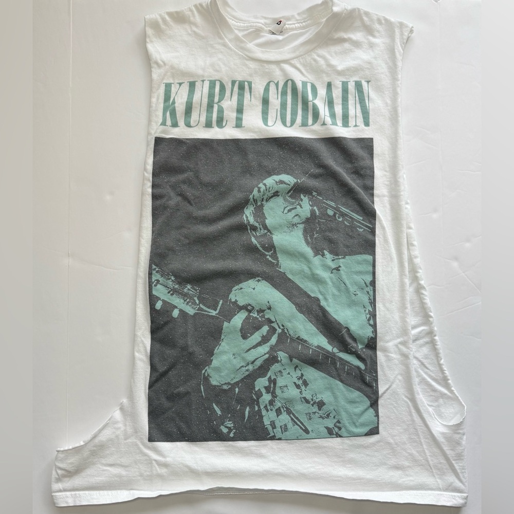 Y2K Kurt Cobain Sleeveless Graphic T-Shirt Stencil White and Gray Grunge Size L